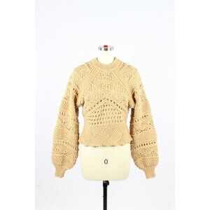 ZARA Tan Acrylic Wool Crochet Pointelle Knit Puff Sleeve Sweater, Size M